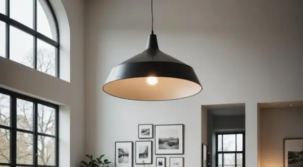 Czarna lampa w stylu industrialnym zwisa z wysokiego sufitu, oświetlając wnętrze z dużymi oknami i galerią czarno-białych zdjęć na ścianie.