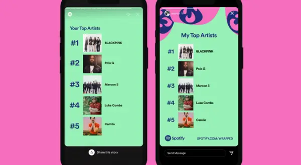 Two phone screens displaying Spotify Wrapped examples of top artists: BLACKPINK, Polo G, Maroon 5, Luke Combs, and Camilo.