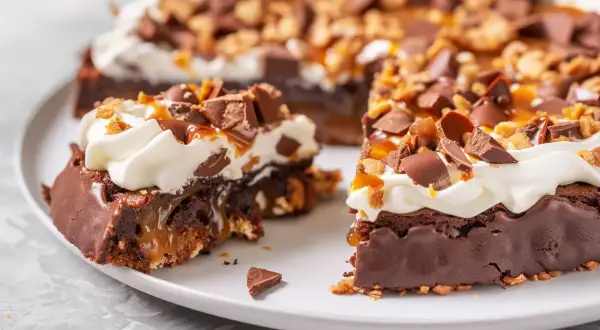 En saftig toscakaka choklad med fluffig grädde, kolasås och chokladbitar. En dröm för alla chokladälskare!