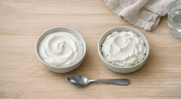 Due ciotole di yogurt greco, una liscia e una più granulosa, pronte per essere gustate. Ottimi yogurt greco valori nutrizionali per una colazione sana.