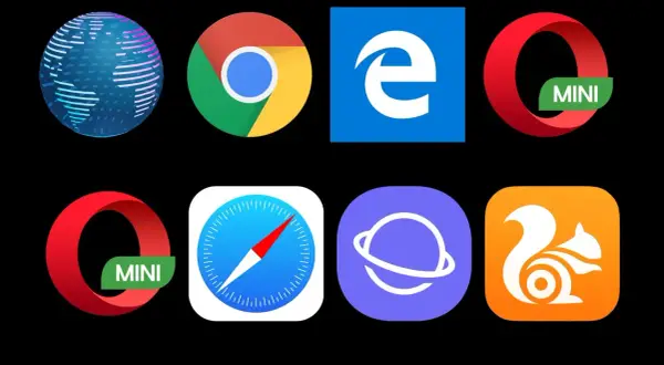Przeglądarki internetowe lista: ikony Chrome, Edge, Opera Mini, Safari, Samsung Internet i UC Browser.