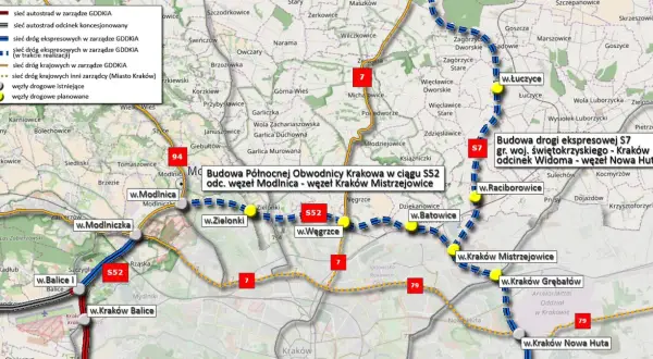 Mapa przedstawia budowę północnej obwodnicy Krakowa w ciągu S52 oraz drogi S7.