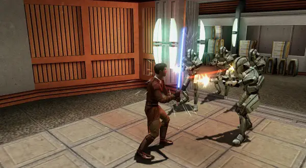 Młody Jedi walczy z droidami w grach Star Wars. Błękitny miecz świetlny błyska, gdy bohater odpiera ataki.