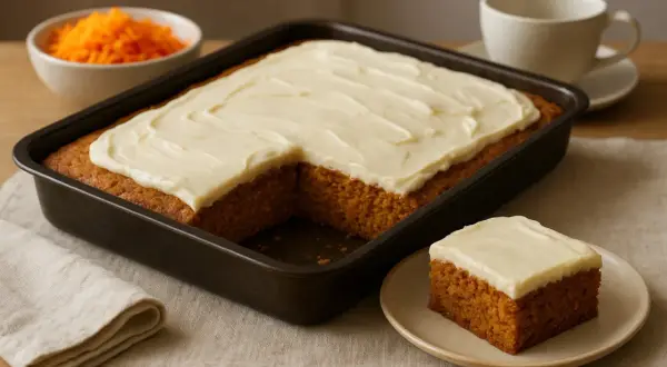 En saftig morotskaka i långpanna med krämig frosting. En bit är upplagd på en tallrik, redo att avnjutas.