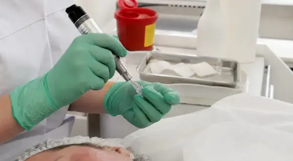 Dermapen zalecenia po zabiegu: specjalista w zielonych rękawiczkach przygotowuje urządzenie do mikronakłuwania skóry.