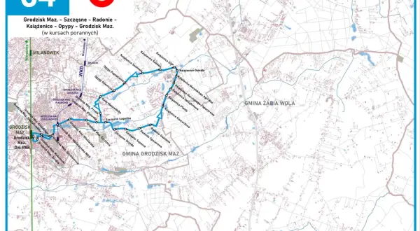 Mapa trasy linii 34 Grodzisk Maz. - Szczęsnesne - Radonie - Książenice - Opy. Trasa biegnie przez Milanówek, Grodzisk Mazowiecki, Książenice i Opy.