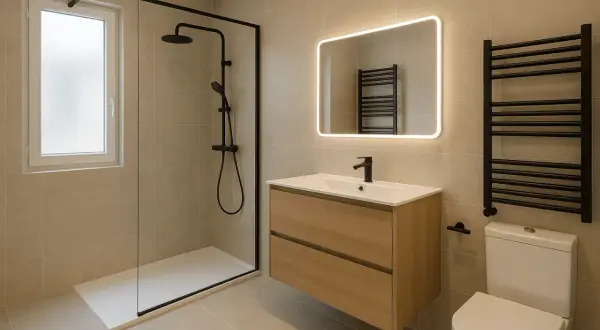 Salle de bain fonctionnelle avec douche, meuble vasque en bois, miroir lumineux et radiateur noir.