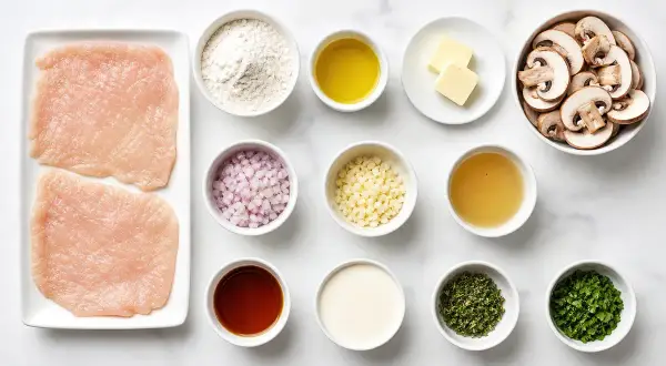 Ingredienser för pasta marsala: kycklingfiléer, mjöl, olivolja, smör, schalottenlök, vitlök, buljong, marsalavin, grädde, timjan och persilja.