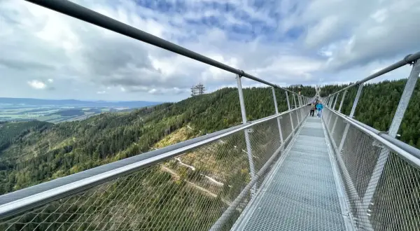 Himmelbrücke in Dolní Morava mit Blick auf bewaldete Hügel und eine Fernsehturm-ähnliche Struktur.