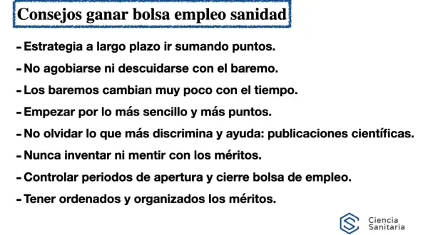 Consejos para ganar puntos en la bolsa de sanidad de la Comunidad Valenciana: estrategia, baremo, méritos y publicaciones.