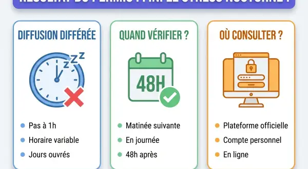 Quand résultat permis : diffusion différée, quand vérifier (48h), où consulter (plateforme officielle).