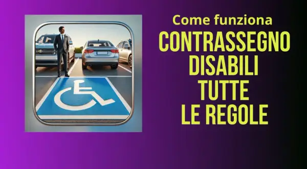 Un uomo in giacca e cravatta in un parcheggio disabili. Il contrassegno disabili è un diritto, non un privilegio da usare senza invalido a bordo.