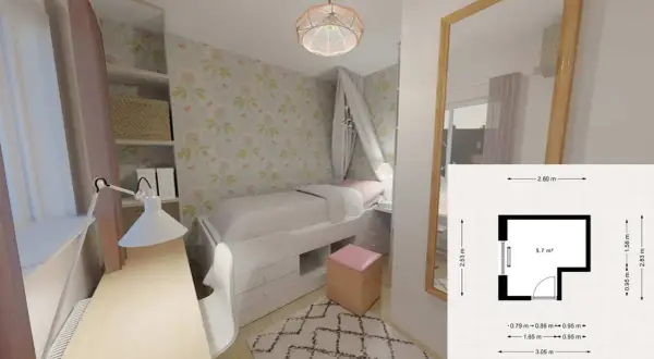 Ein gemütliches kleines Kinderzimmer einrichten: Bett mit Stauraum, Schreibtisch, Spiegel und Wanddeko.