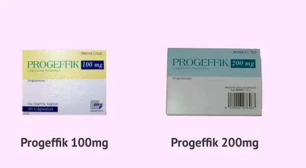 Cajas de Progeffik 100 mg y 200 mg, cápsulas blandas de progesterona.
