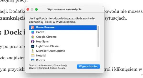 Okno "Wymuszanie zamknięcia" na MacBooku, pokazujące listę aplikacji, w tym Brave Browser. Pomaga, gdy nie wiesz, jak wymusić zamknięcie aplikacji.