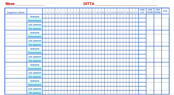 Foglio presenze mensile con colonne per giorni, ore ordinarie, straordinarie, assenze e riepiloghi. Utile per la gestione del foglio ore lavoro.