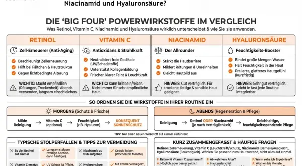Vitamin C sorgt für strahlende Haut, neutralisiert freie Radikale und unterstützt die Kollagenbildung. Ideal für morgens!