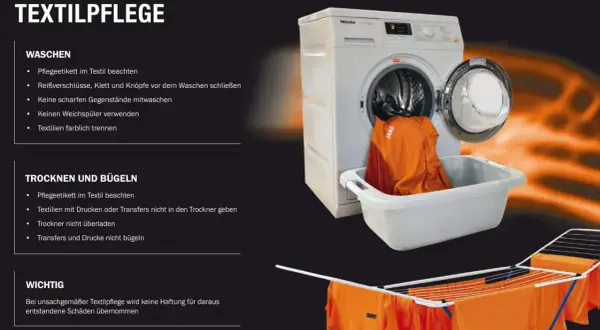 Waschanleitung: Textilien mit Drucken nicht in den Trockner geben. Orange Sportbekleidung trocknet auf einem Wäscheständer.