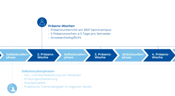 Studienverlauf für Sportmanagement Studium Berlin: Phasen von Selbststudium und Präsenzwochen, unterstützt durch virtuelle Formate.