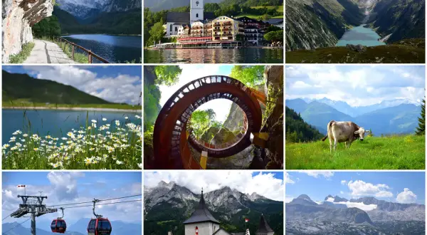 Austria najpiękniejsze miejsca: malownicze jeziora, góry, urokliwe miasteczka, krowa na łące, kolejka linowa i zamek.