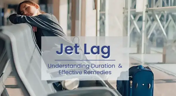 Erschöpfte Reisende am Flughafen, die auf effektive Tipps hoffen, um Jetlag zu vermeiden und die Reise zu genießen.