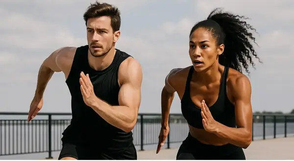 Coppia che corre all'aperto, determinata a raggiungere l'obiettivo di come perdere peso velocemente con allenamento e disciplina.