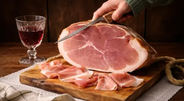 Ein Messer schneidet Prosciutto von einem Schinken auf einem Holzbrett. Daneben ein Glas Rotwein.