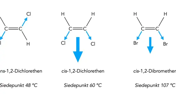 Moleküle wie cis-1,2-Dichlorethen zeigen, was ist ein Dipol: die Chloratome ziehen Elektronen an, was zu einem permanenten Dipolmoment führt.
