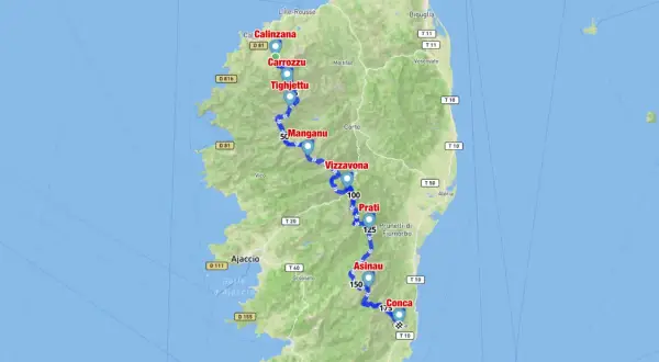 Carte de la Corse montrant le parcours du GR20, de Calinzana à Conca. Idéal pour préparer le GR20 !
