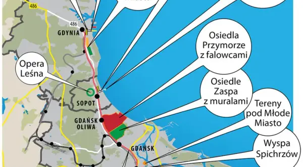 Mapa Trójmiasta z zaznaczonymi atrakcjami: Gdynia, Sopot, Gdańsk, Opera Leśna, Wyspa Spichrzów.
