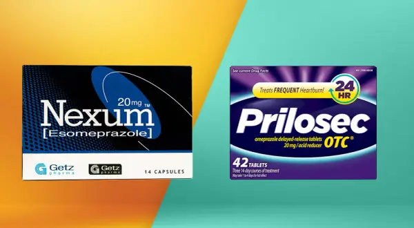 Opakowania leków Nexum 20 mg i Prilosec OTC 20 mg, które pomagają na zgagę.