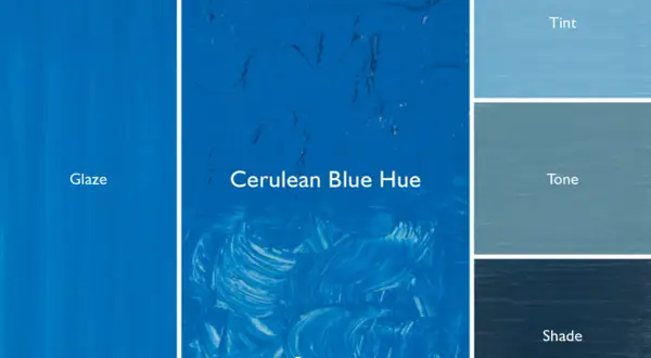 A swatch of cerulean blue paint, showing its glaze, hue, tint, tone, and shade.