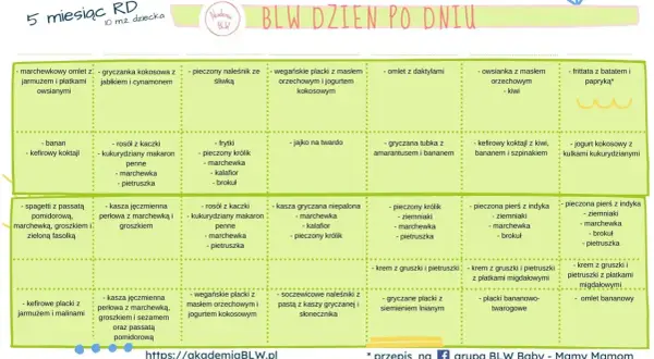 Tabela z propozycjami jedzenia dla niemowlaka metodą BLW, podzielona na dni. Znajdziesz tu pomysły na zdrowe posiłki.