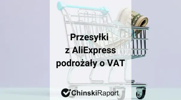 Wózek sklepowy z pieniędzmi w środku symbolizuje, że przesyłki z AliExpress podrożały o VAT.