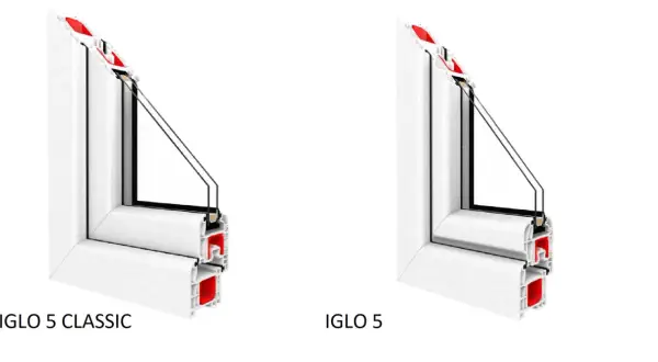 Porównanie profili okien Drutex Iglo 5 Classic i Iglo 5. Widok przekroju profili okiennych.