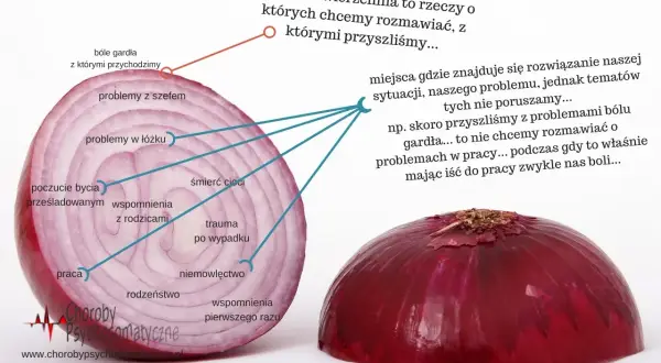 Cebula symbolizuje **choroby psychosomatyczne**. Warstwy to problemy, które chcemy omawiać, i te, które ukrywamy, np. ból gardła zamiast problemów w pracy.