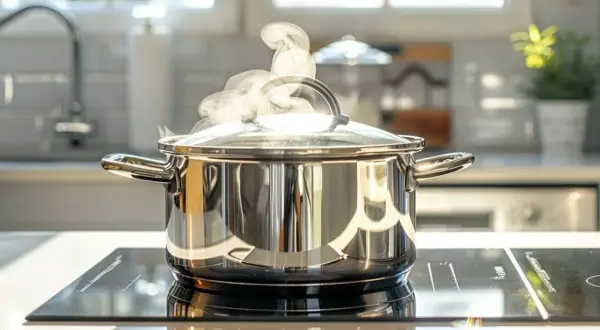 Une belle casserole en inox chauffe sur une plaque à induction, dégageant une vapeur appétissante. Quelle casserole pour induction choisir pour une cuisson parfaite ?
