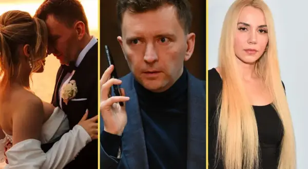 Łukasz Schreiber z pierwszą żoną na ślubnym kobiercu, a obok niego mężczyzna z telefonem i blondynka.