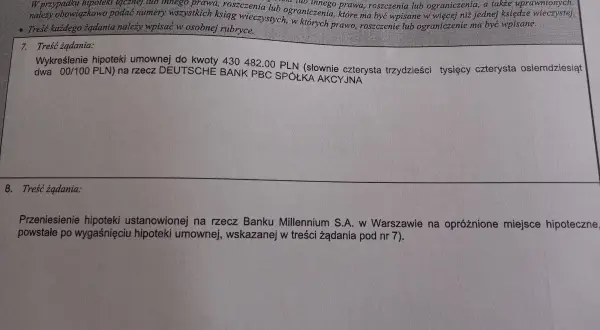 Fragment dokumentu z tekstem dotyczącym wpisu prawa, roszczeń i hipotek.