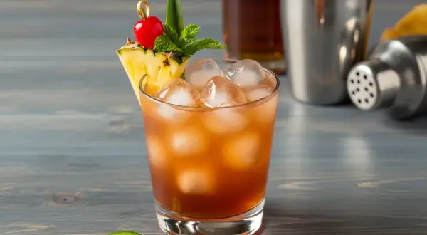 En läskande Mai Tai med ananas, körsbär och mynta. En jalapeño ligger bredvid glaset.