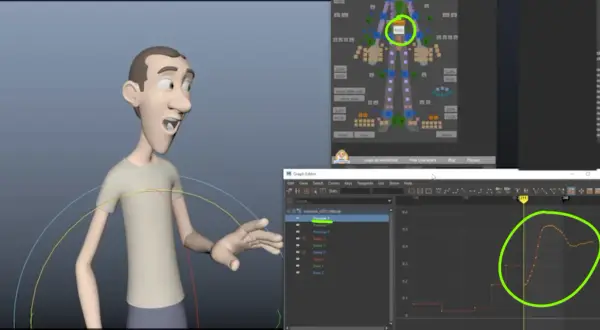 3D character animation with a spline curve in the graph editor, showing a character's surprised expression.