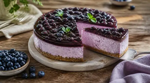 Ein köstlicher no bake blueberry cheesecake mit Blaubeer-Gelee und frischen Blaubeeren, garniert mit Minze.