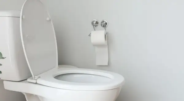 Un WC blanc avec le couvercle ouvert, prêt pour l'évacuation des eaux usées et du WC. Un rouleau de papier toilette est accroché au mur.