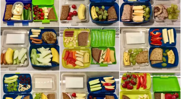 Bunte Brotdosen für den Kindergarten: gesunde und ungesunde Lebensmittel wie Obst, Gemüse, Käse, Wurst und Brot.