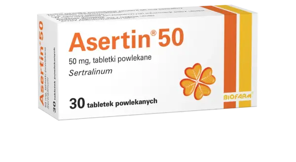 Opakowanie leku Asertin 50, zawierające 30 tabletek powlekanych z sertraliną.