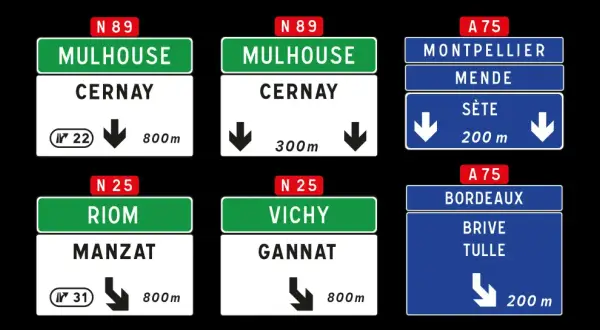 Panneaux autoroute signification : direction Mulhouse, Clermont-Ferrand, Montpellier, Bordeaux.