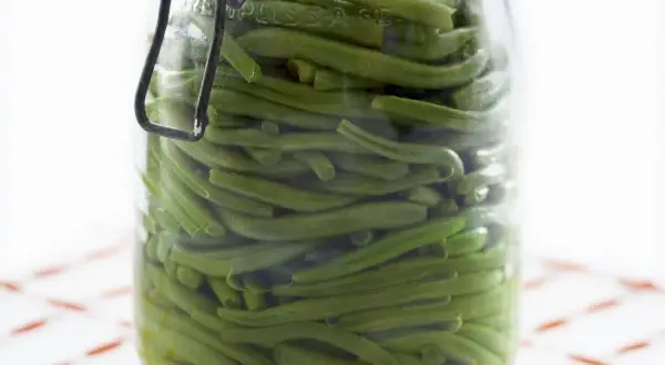 Ein Glas mit sauren Bohnen, bereit zum Einlegen. Die grünen Bohnen sind dicht gepackt und schimmern im Glas.