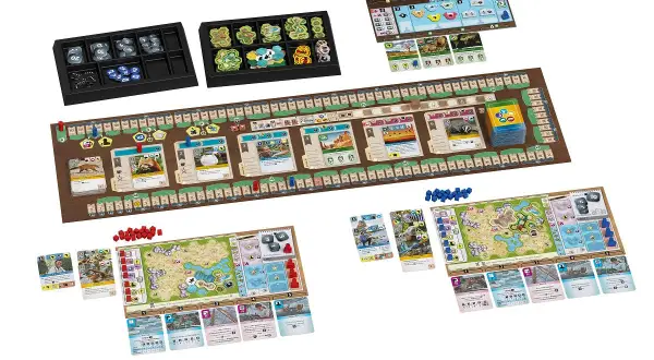 Brettspiel-Komponenten für Arche Nova. Hier sind einige Arche Nova Tipps: Spielbretter, Karten mit Tieren und Lebensräumen, Würfel und Marker.