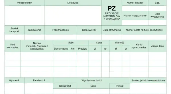 Formularz PZ - przyjęcie materiałów z zewnątrz. Dokumenty magazynowe do wypełnienia.
