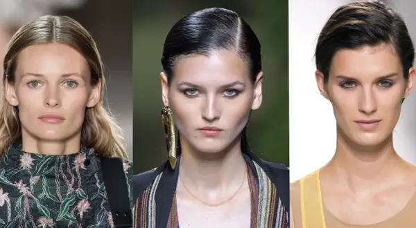 Trois mannequins aux regards intenses. La deuxième arbore un maquillage smoky eyes vert audacieux, accentuant ses yeux perçants.